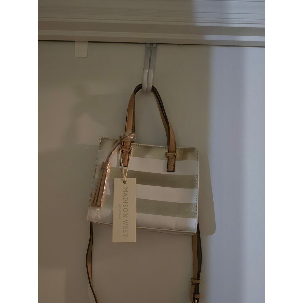 MADISON WEST CROSSBODY MINI WHITE/GOLD STRIPE SATCHEL BAG